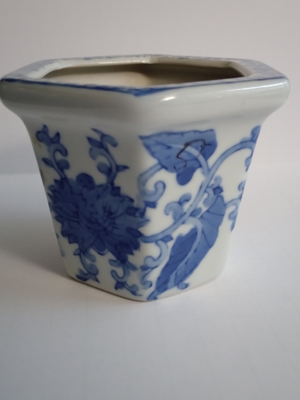 Vintage Chinoiserie Porcelain Planter Cachepot Blue And White Hexagonal